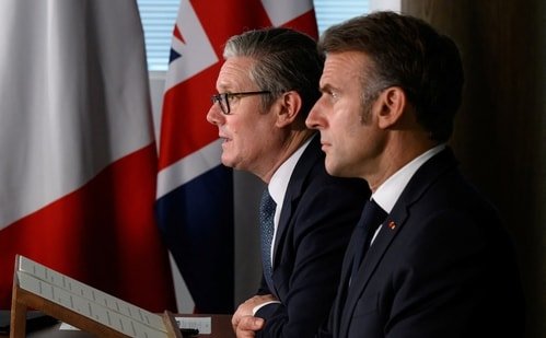 British Prime Minister Keir Starmer and French President Emmanuel Macron host a meeting of the Coalition of the Willing during a joint military visit to the Northwood Headquarters, on July 10, 2025 in London. British Prime Minister Keir Starmer and French President Emmanuel Macron host a meeting of the Coalition of the Willing during a joint military visit to the Northwood Headquarters, on July 10, 2025 in London.