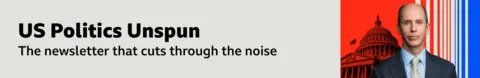 A thin, grey banner promoting the US Politics Unspun newsletter. On the right, there is an image of North America correspondent Anthony Zurcher, wearing a blue suit and shirt and grey tie. Behind him is a visualisation of the Capitol Building on vertical red, grey and blue stripes. The banner reads: "The newsletter that cuts through the noise.” 