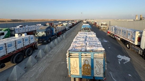 Trucks loaded with humanitarian aid at the Rafah crossing with the Gaza Strip, Aug. 3.