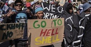 About 200 activists marched to the Constitutional Court in Johannesburg on Tuesday to support Wild Coast communities opposing seismic surveys and oil exploration rights granted to Shell and Impact Africa. Photo: Ihsaan Haffejee