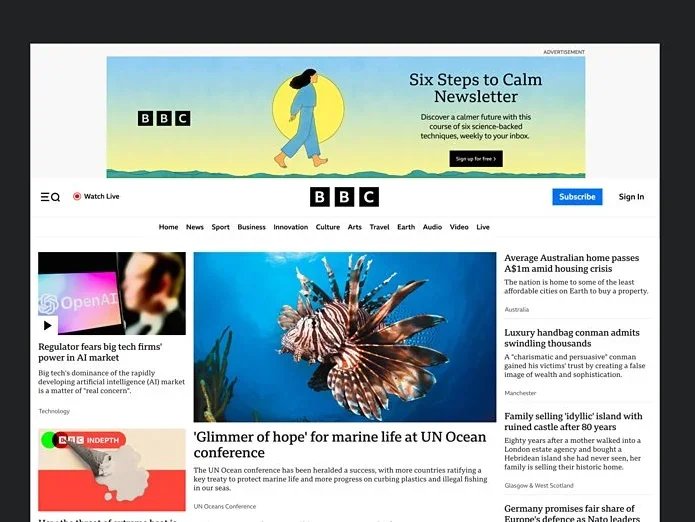 BBC.com homepage screenshot with 'subscribe' button in top right corner. Picture: BBC